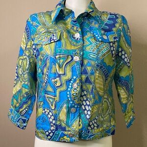 LINEAR label Blue and Green geo button front casual jacket Top Pm 💜